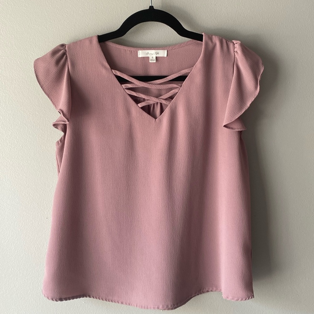 Active USA pink ruffle sleeve top